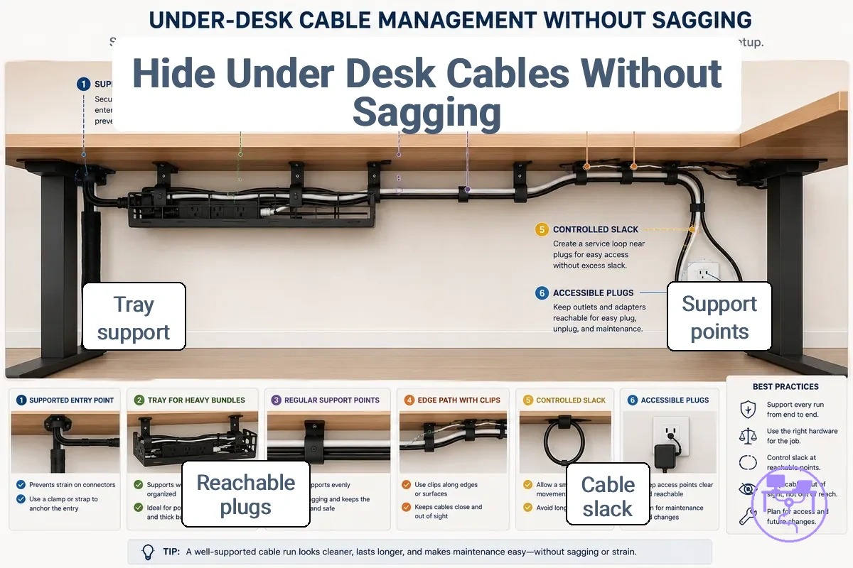 Under-desk cable support points and slack management
