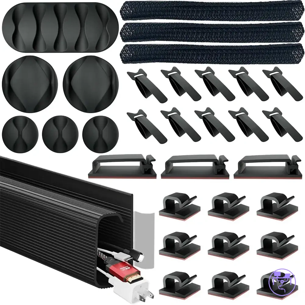 Kit de gestión de cables de escritorio con canaleta, funda, clips y organizadores de cordones