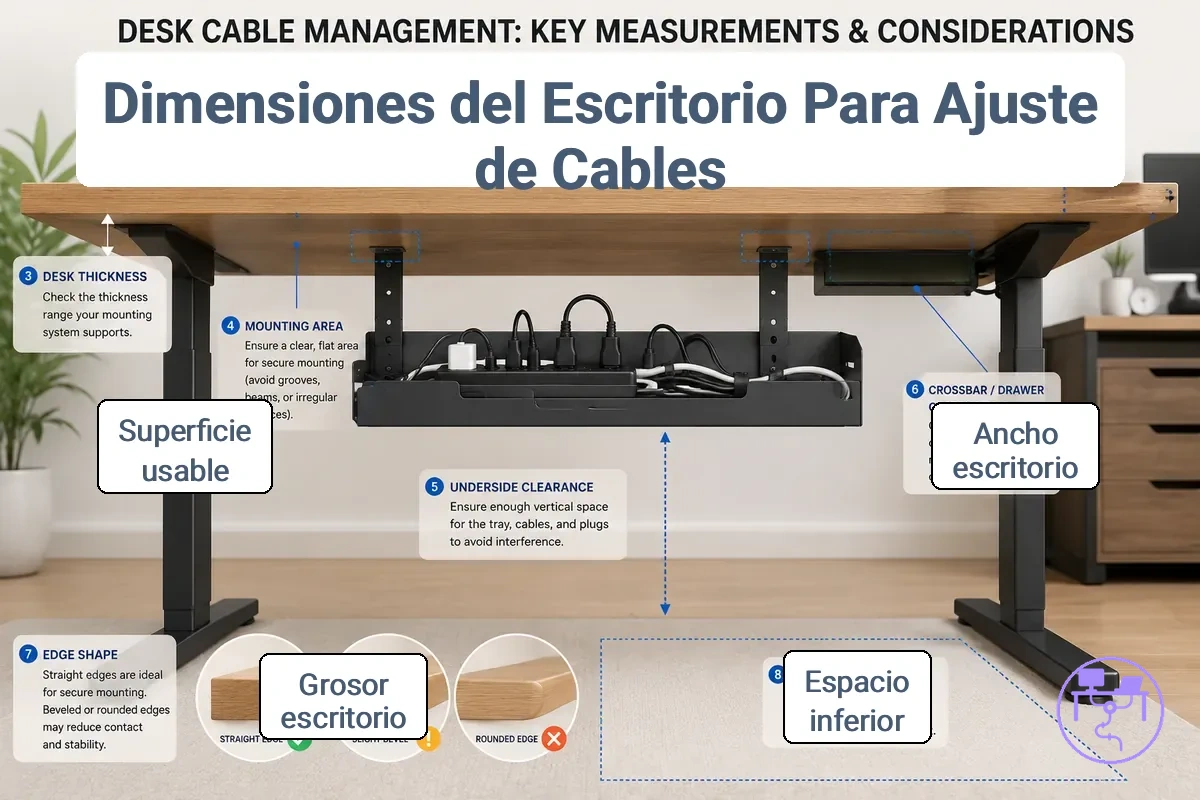 Medidas del escritorio y área de montaje que afectan la compatibilidad del sistema de gestión de cables
