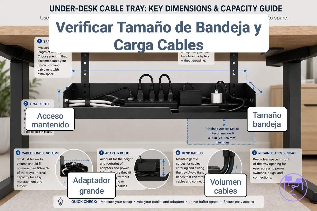 Dimensiones de la bandeja para cables y capacidad del conjunto de cables bajo el escritorio