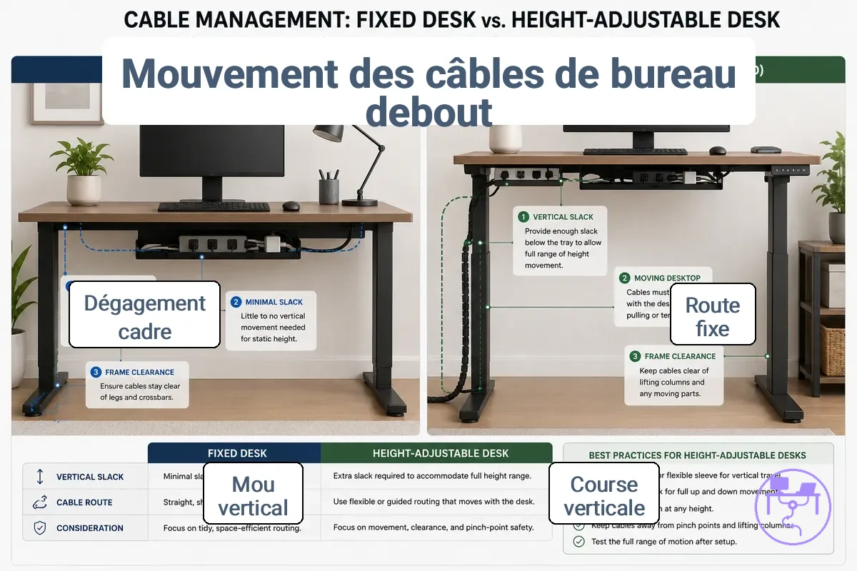 comparaison de la gestion des câbles entre un bureau réglable en hauteur et un bureau fixe
