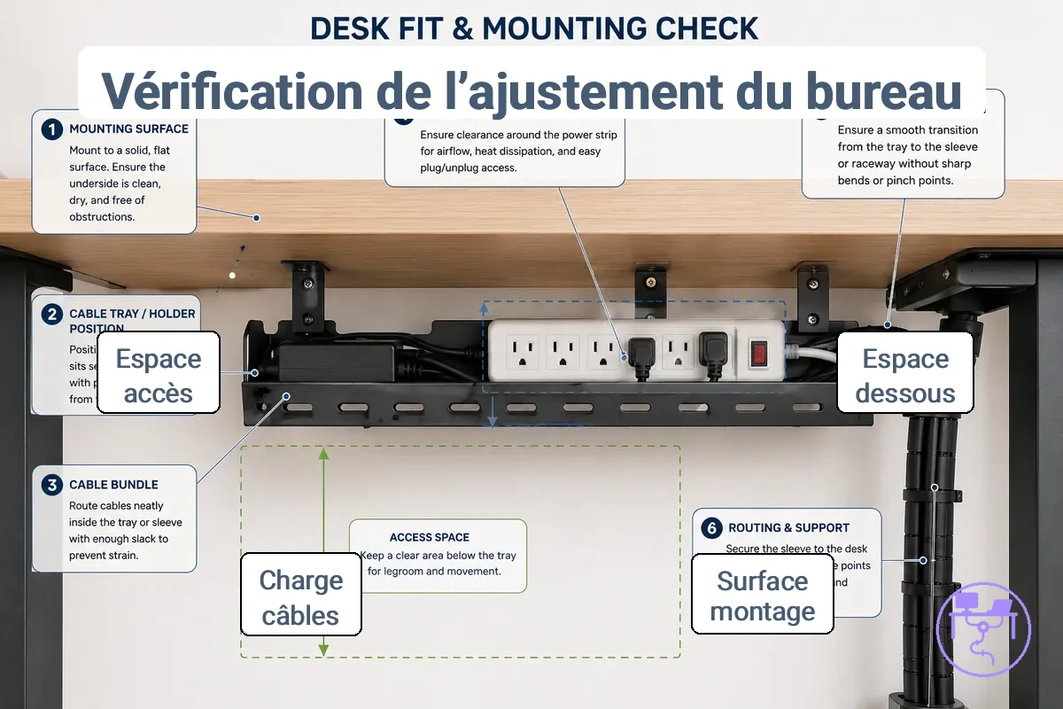 Vérification de l’adaptation au bureau pour le montage d’un système de gestion des câbles sous un poste de travail