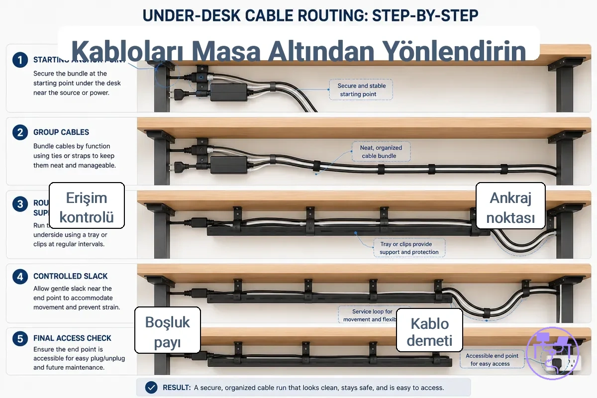 Bağlantı noktası, desteklenen kablo demeti ve gevşeklik payını gösteren adım adım masa altı kablo rotası